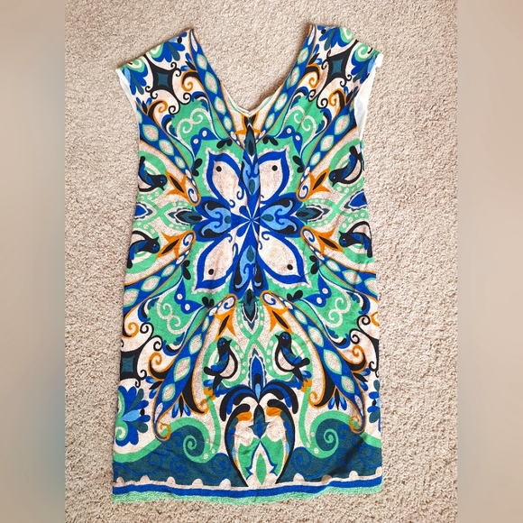 Anthropologie Maeve Womens Bluw And Green Folksong Shift Dress V-Neck - Size XS - Picture 8 of 9